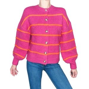 NWT Fashion Clothing Pink & Orange Striped Puff Sleeve Preppy Cardigan Sweater